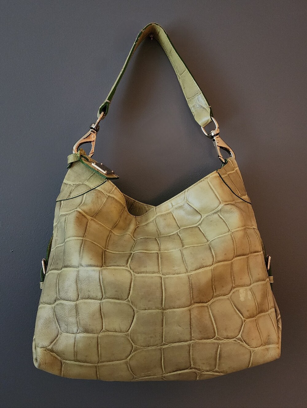 Vintage Dooney & Bourke Croc-Embossed Olive Leather Hobo Shoulder Bag, Goldtone